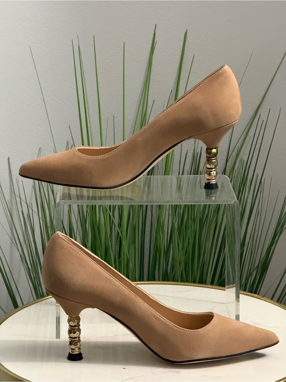 Jon Josef Elegant  Suede Tan Pointed-Toe Pumps with Sculpted Gold Heel
